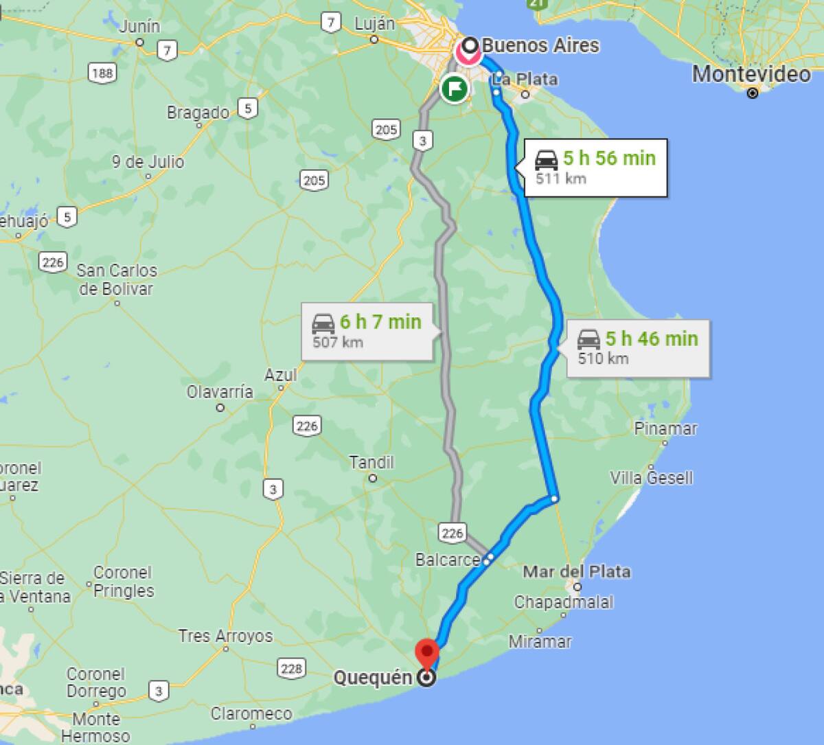 Casi 6 horas de viaje desde CABA a Quequén. Foto: Google Maps