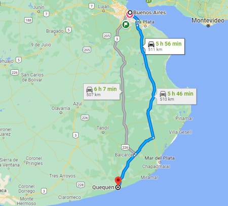 Casi 6 horas de viaje desde CABA a Quequén. Foto: Google Maps