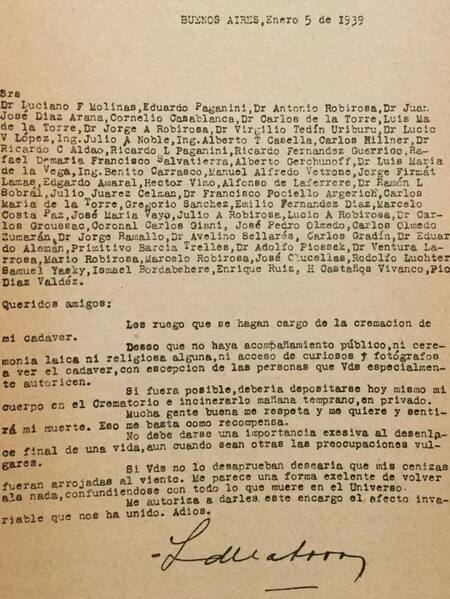 Carta de despedida de Lisandro de la Torre antes de suicidarse