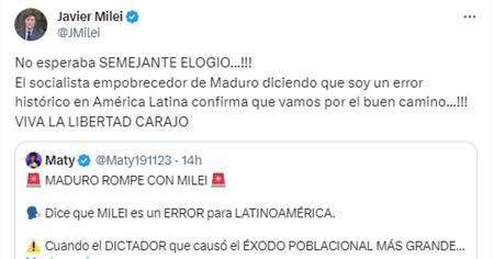 El tweet de Javier Milei contra Nicolás Maduro. Foto: Twitter.
