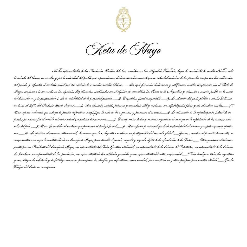El texto del Pacto de Mayo. Foto: presidencia