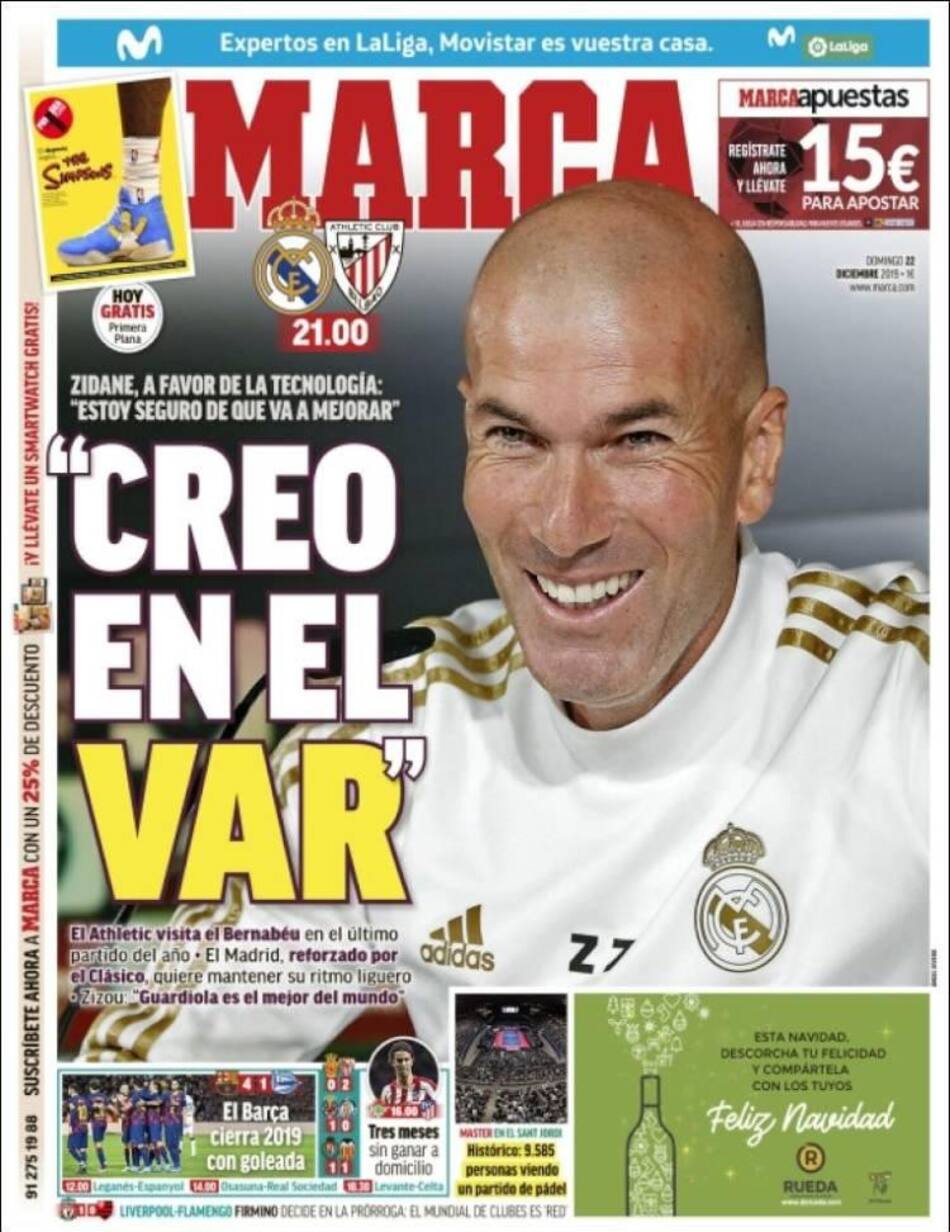 Tapa de diarios, Marca, domingo 22 de diciembre