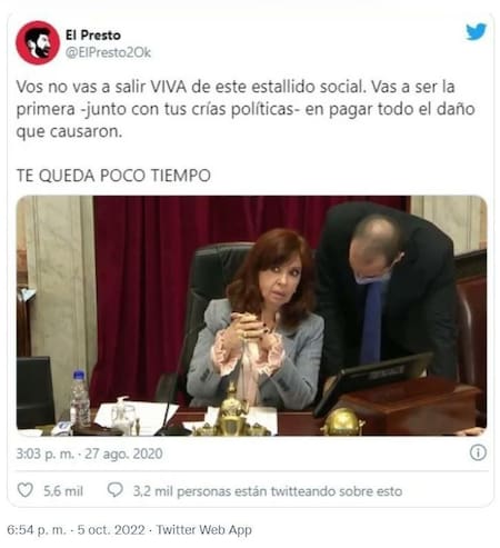 El Presto, mensaje de amenaza a Cristina Kirchner