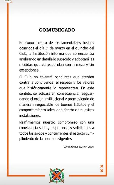 Comunicado del club Regatas Bella Vista tras denuncia de abuso sexual.