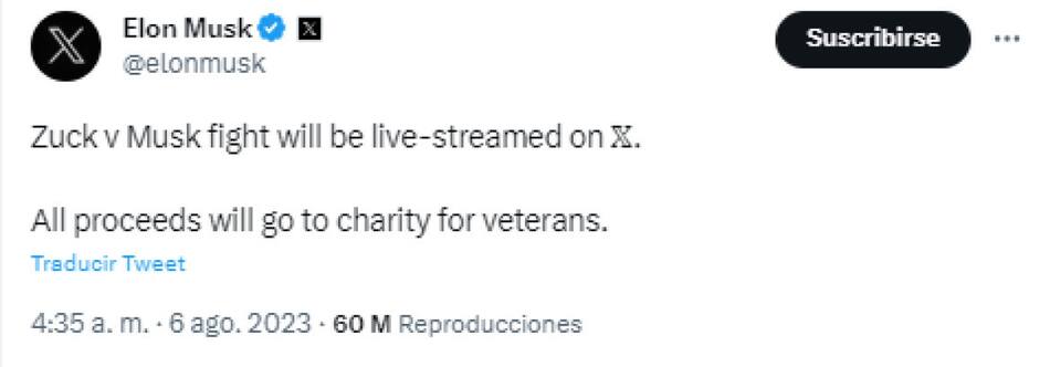 Elon Musk confirma la trasmisión de la pelea con Zuckerberg a través de X. Foto: Captura de pantalla.
