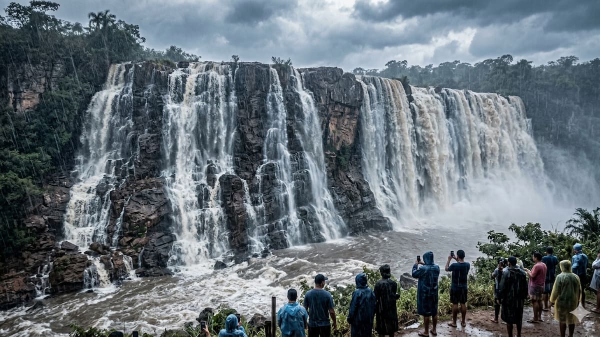Una montaña se transformó en una enorme cascada tras una intensa lluvia.