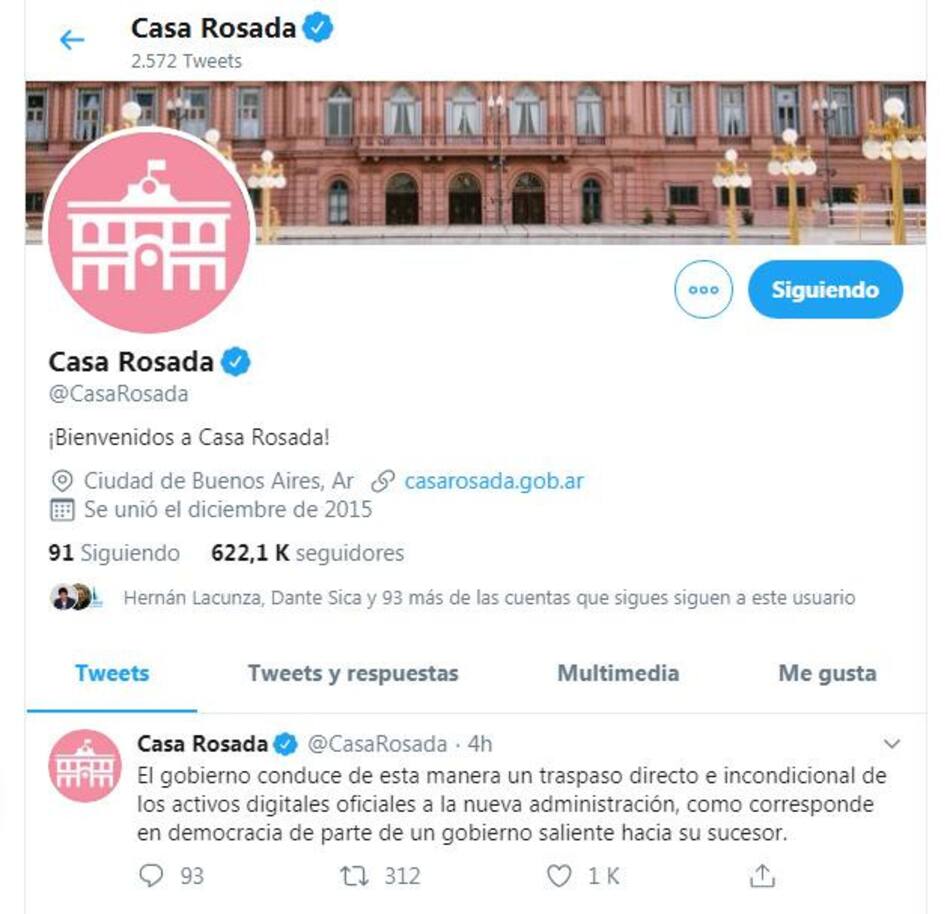 Cuenta oficial de la Casa Rosada de redes sociales
