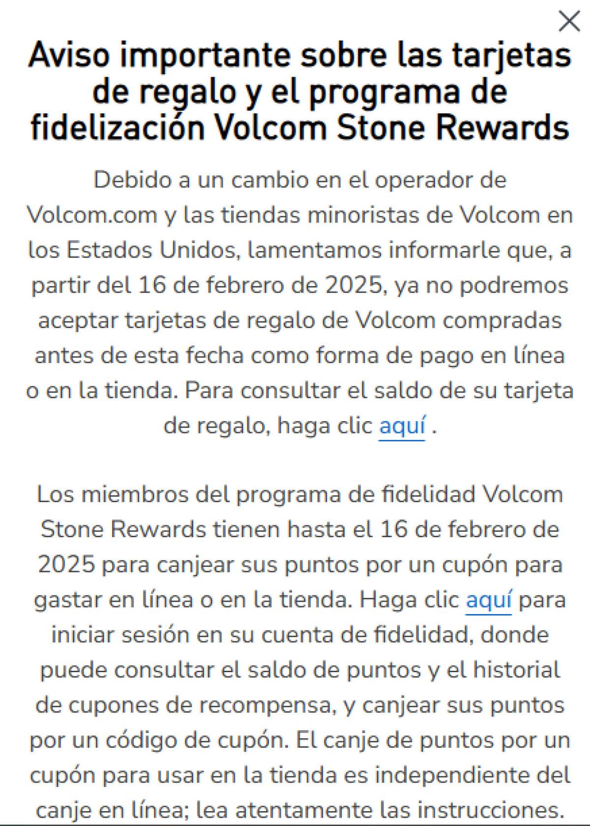 Comunicado de la tienda online de Volcom tras la declaración de quiera en Estados Unidos. Foto: Volcom.com.