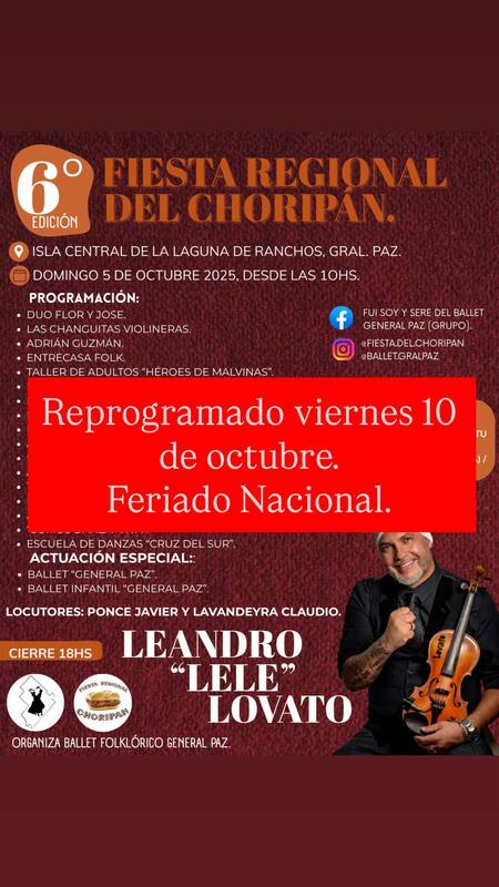 La Fiesta Regional del Choripán fue reprogramada para el viernes 10 de octubre.