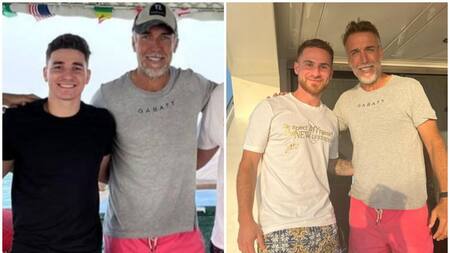 Julián Álvarez y Alexis Mac Allister con Batistuta. Fotos: Instagram/gabrielbatistutaok