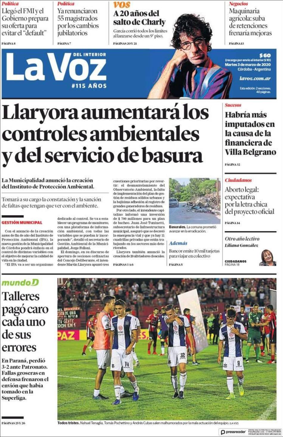 Tapas de diarios, La Voz, martes 3 de marzo de 2020