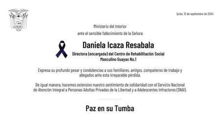 El comunicado que lamenta la muerte de María Daniela Icaza. Foto: EFE.