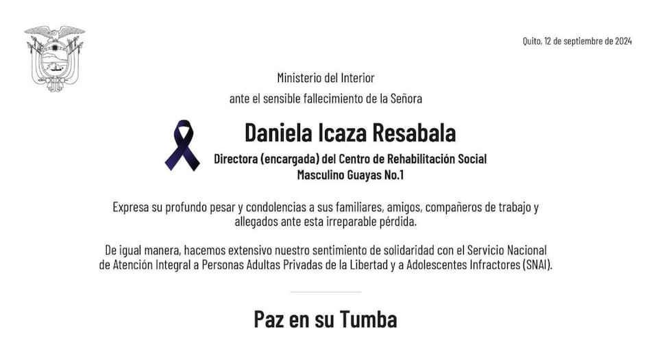 El comunicado que lamenta la muerte de María Daniela Icaza. Foto: EFE.