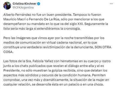 El comunicado de Cristina Fernández de Kirchner sobre las fotos de Fabiola Yáñez. Imagen: X