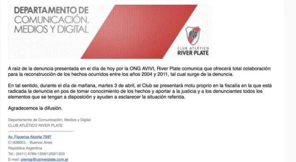 Abusos en River - Comunicado del club
