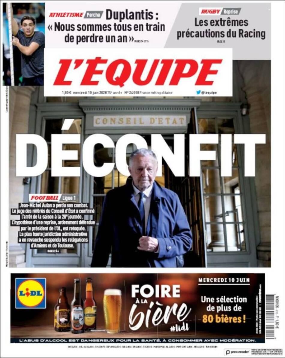 Tapas de diarios, L Equipe, miércoles 10 de junio de 2020