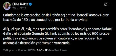 El mensaje de Elisa Trotta tras la liberación de Yacoov Harari.