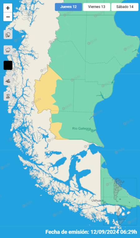La alerta amarilla emitida por fuertes nevadas en Santa Cruz. Foto: SMN.