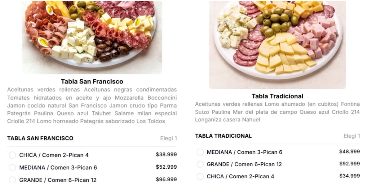 Picadas armadas para compartir; precios.