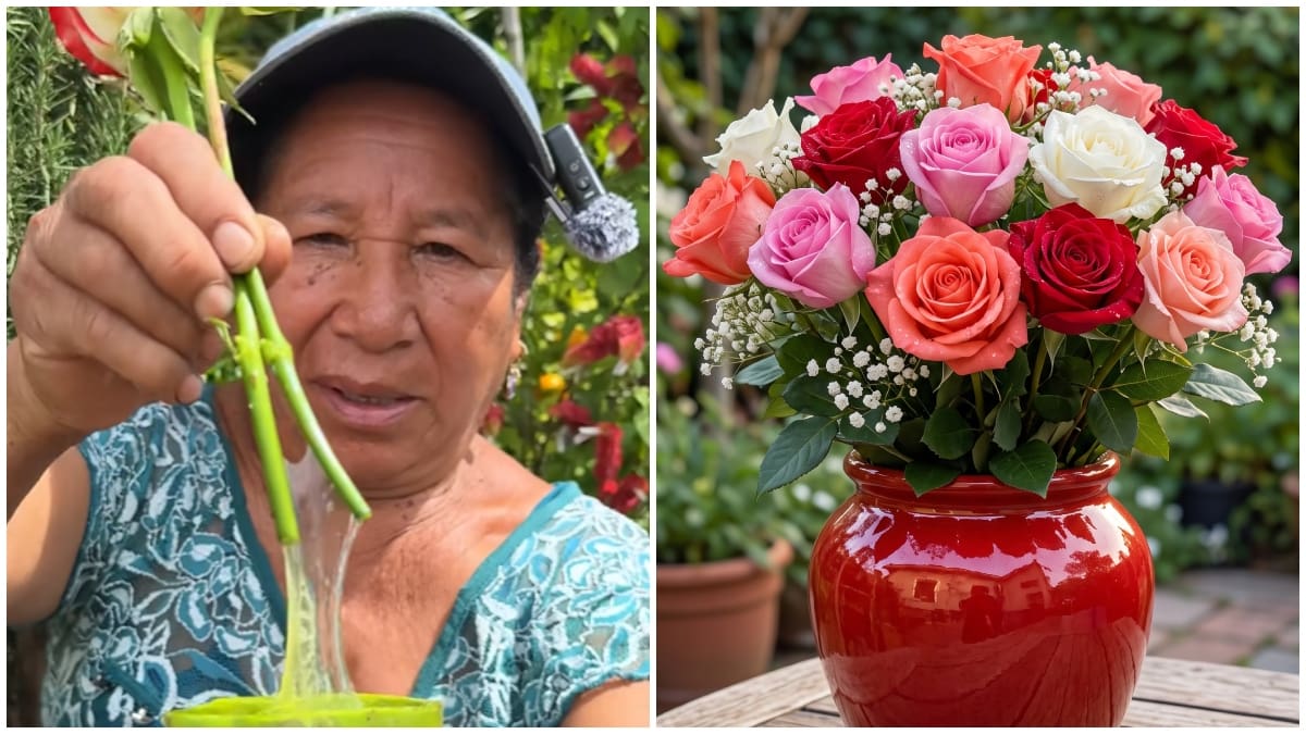 Abuelita Ofelia sobre las rosas y el aloe vera.