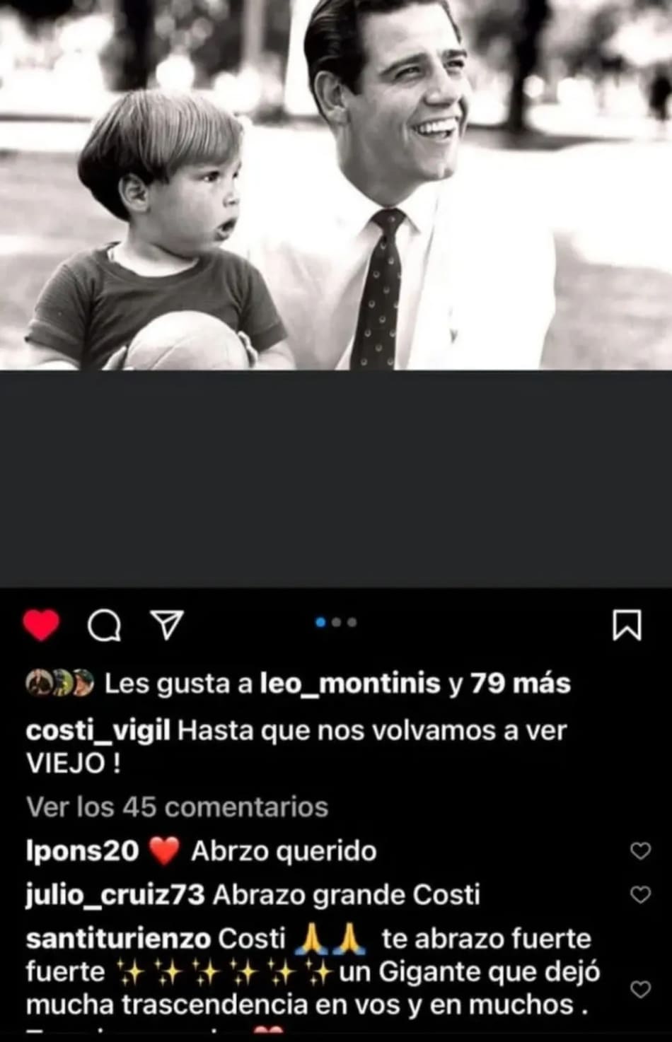 El mensaje que publicó su hijo en las redes sociales. Captura: Instagram @costi_vigil