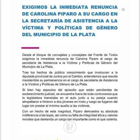 Bloque de concejales del Frente de Todos La Plata exige renuncia de Carolina Píparo