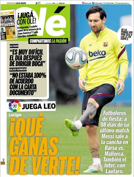 Tapas de diarios, Olé sábado 13 de junio de 2020