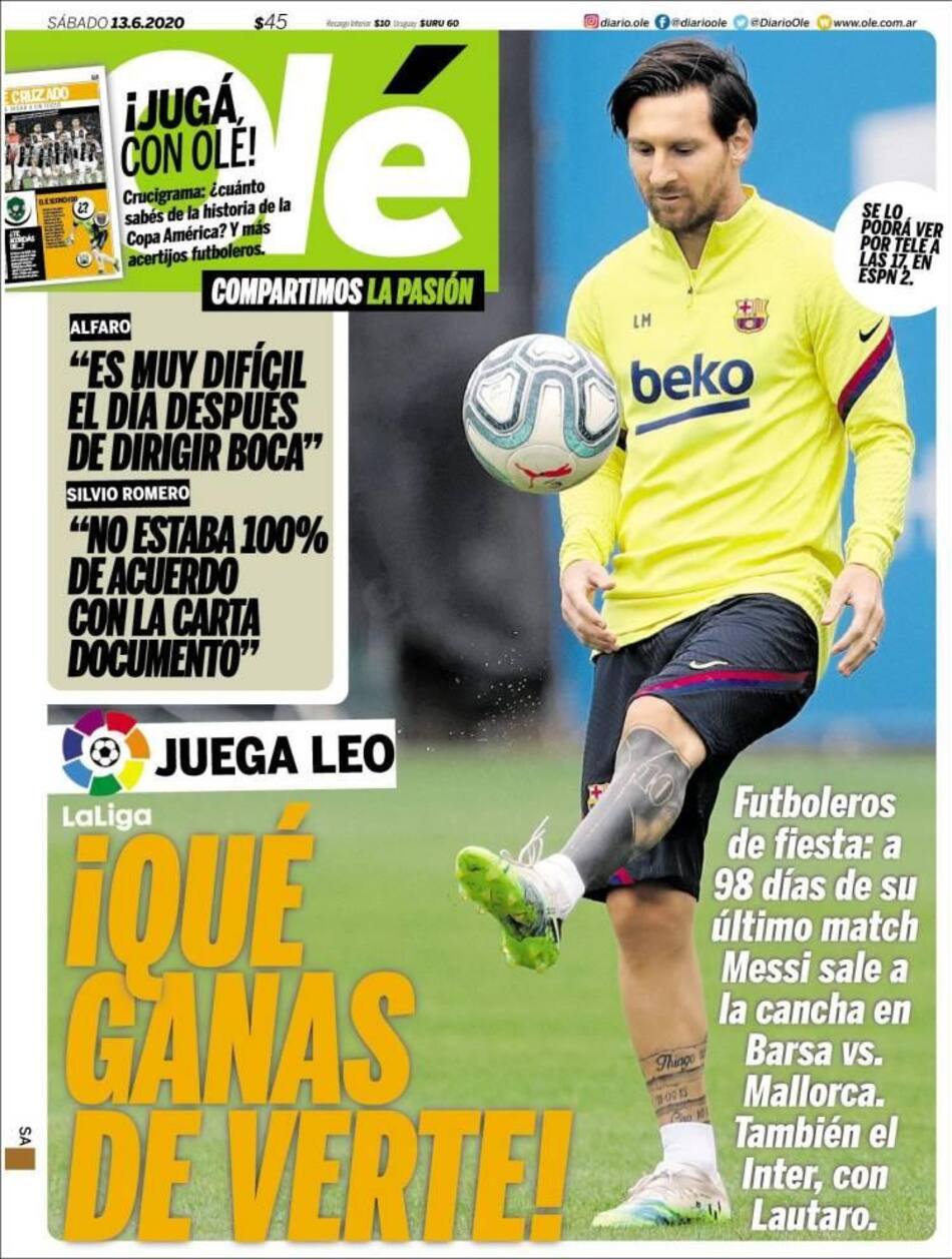 Tapas de diarios, Olé sábado 13 de junio de 2020