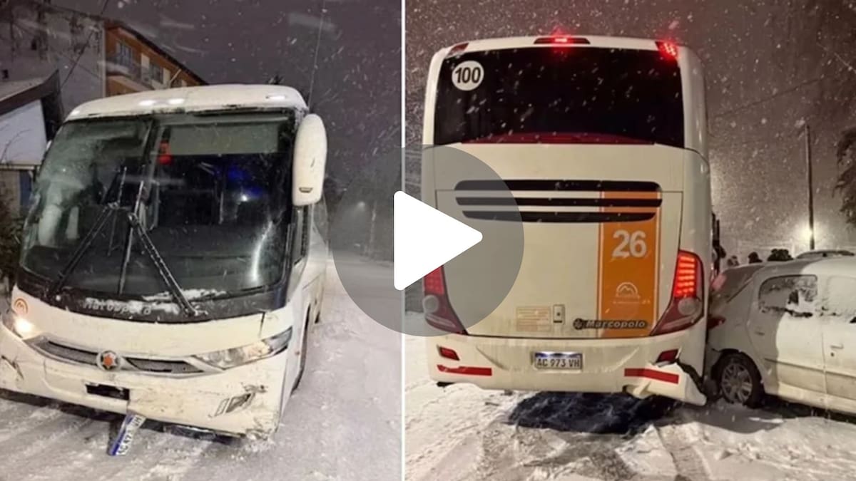Un micro con 48 estudiantes chocó contra siete autos durante una intensa nevada en Bariloche.