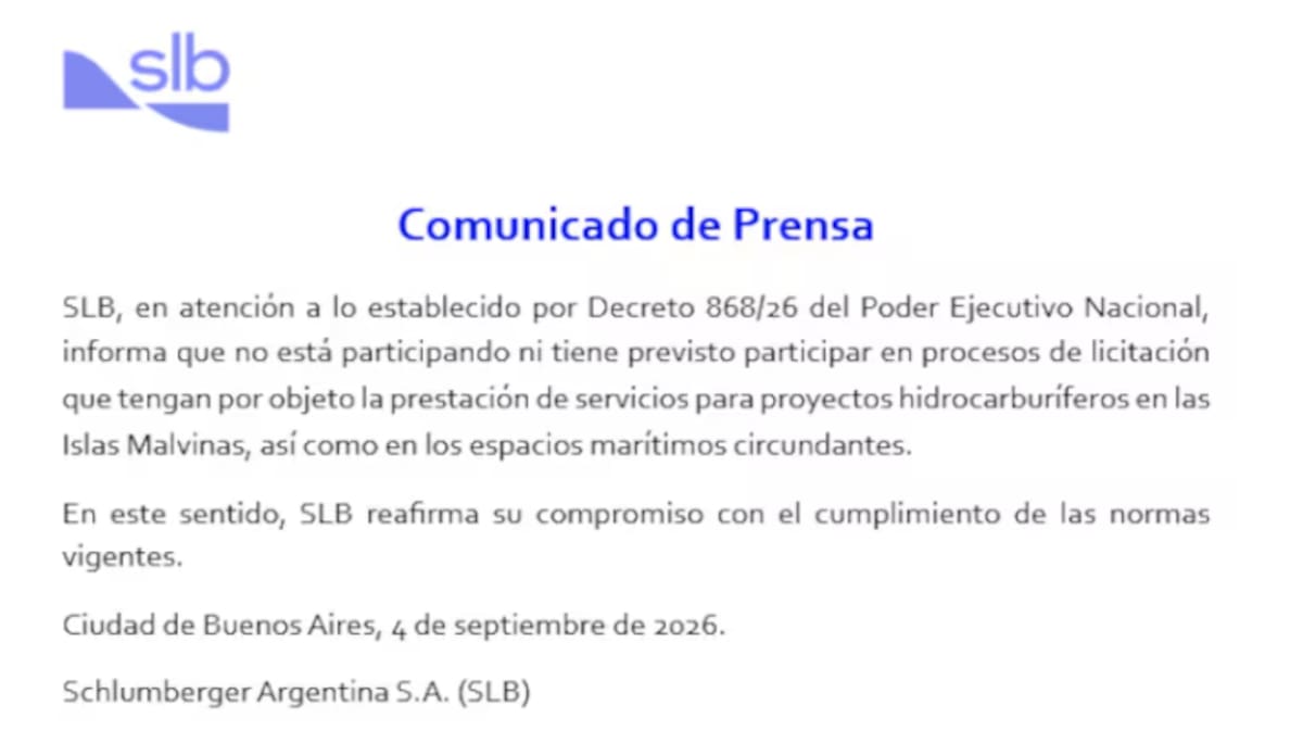 Comunicado de prensa de SLB sobre su actividad en las Islas Malvinas.