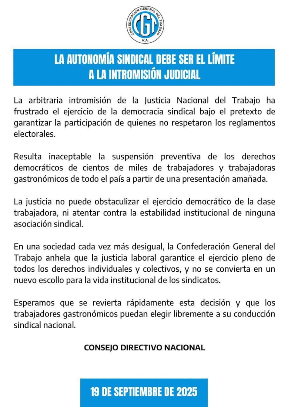 Comunicado de la CGT.