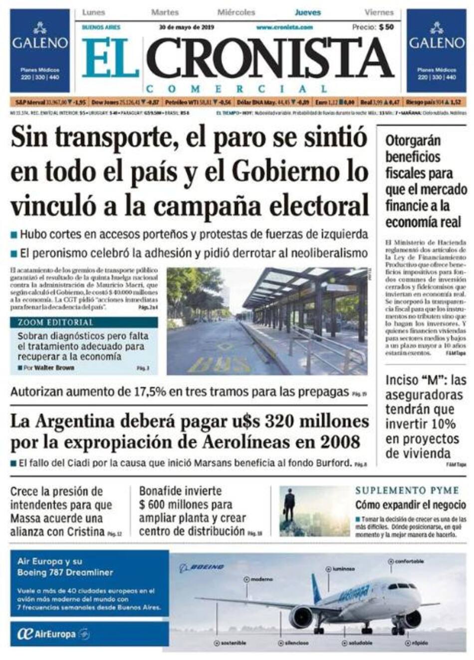 Tapa de diarios - El Cronista jueves 30 de mayo de 2019