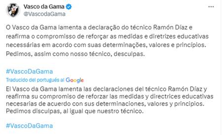 El mensaje del Vasco da Gama tras los dichos de Ramón Díaz. Foto: Captura.