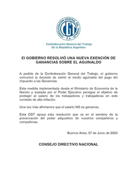 Comunicado de la CGT. Foto: Twitter.
