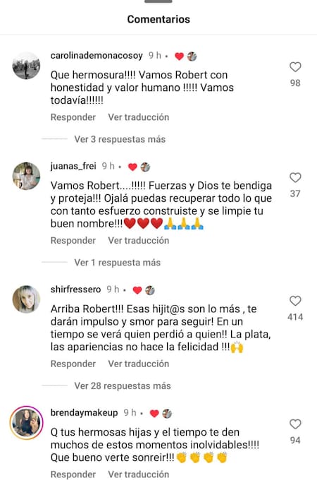 Los "me gusta" de Roberto García Moritán a los comentarios de su posteo en Instagram.