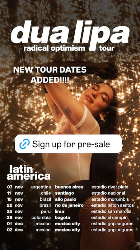 Dua Lipa se presentará por tercera vez en Argentina. Foto: Instagram.