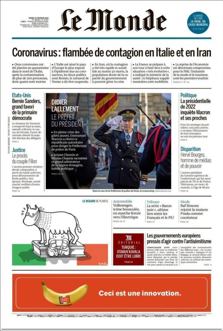 Tapa diarios, Le Monde, martes 25 de febrero de 2020|
