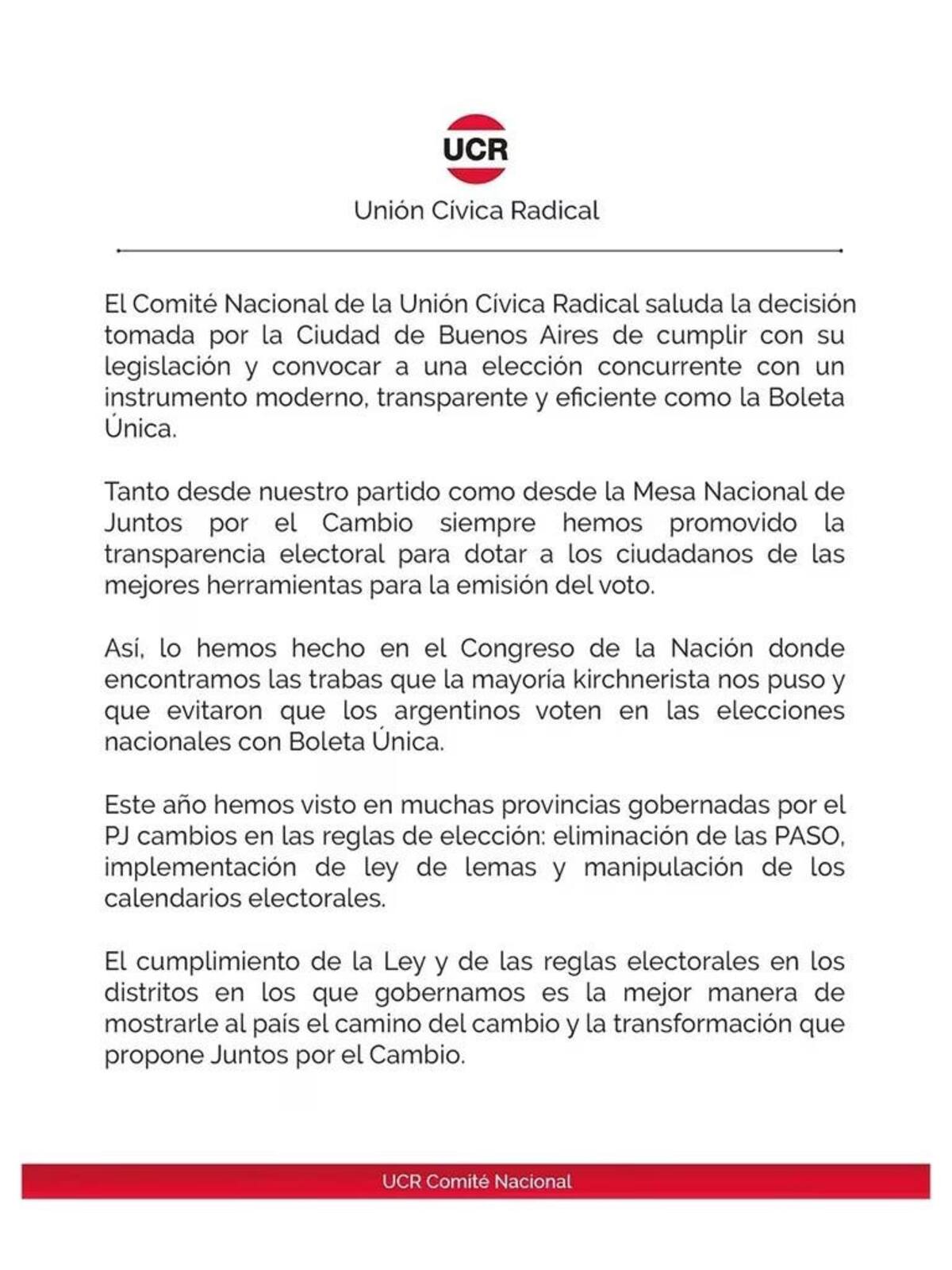 La UCR apoyó a Rodríguez Larreta y aseguró que la boleta única garantizará transparencia
