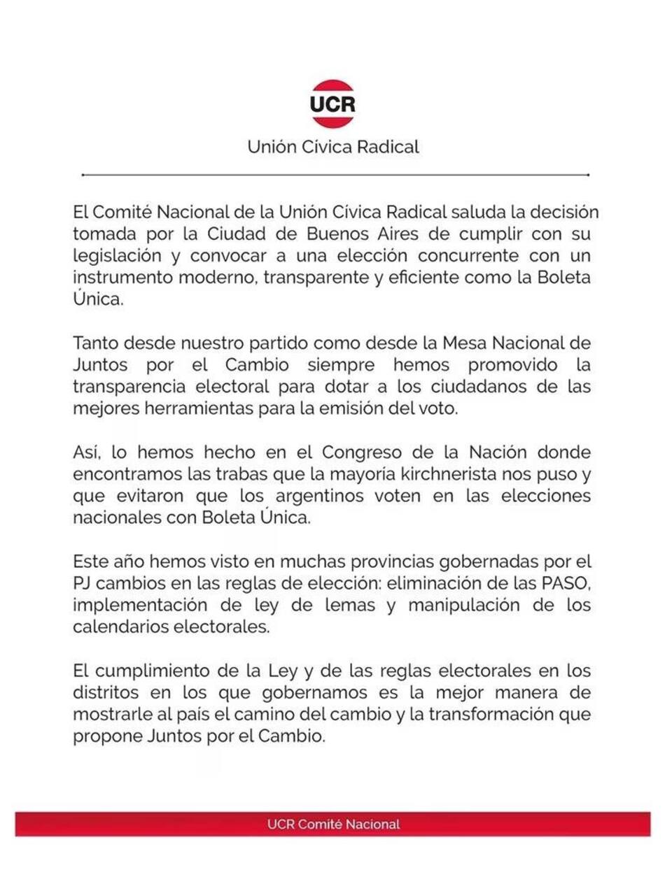 La UCR apoyó a Rodríguez Larreta y aseguró que la boleta única garantizará transparencia