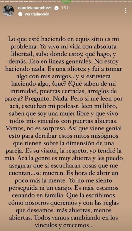 El descargo de Candela Sánchez. Foto: Instagram.