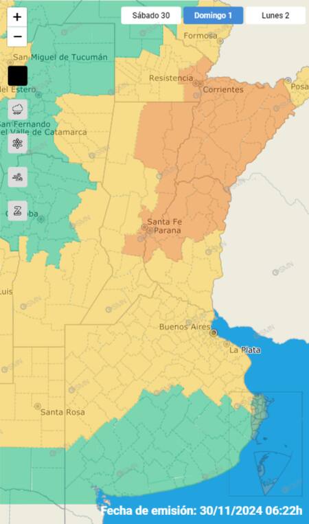 Alerta amarilla para la Ciudad de Buenos Aires este domingo por tormentas fuertes. Foto: SMN.