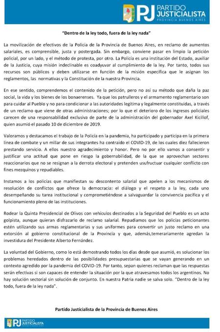 Comunicado del PJ sobre protestas de la Policía Bonaerense en la Quinta de Olivos