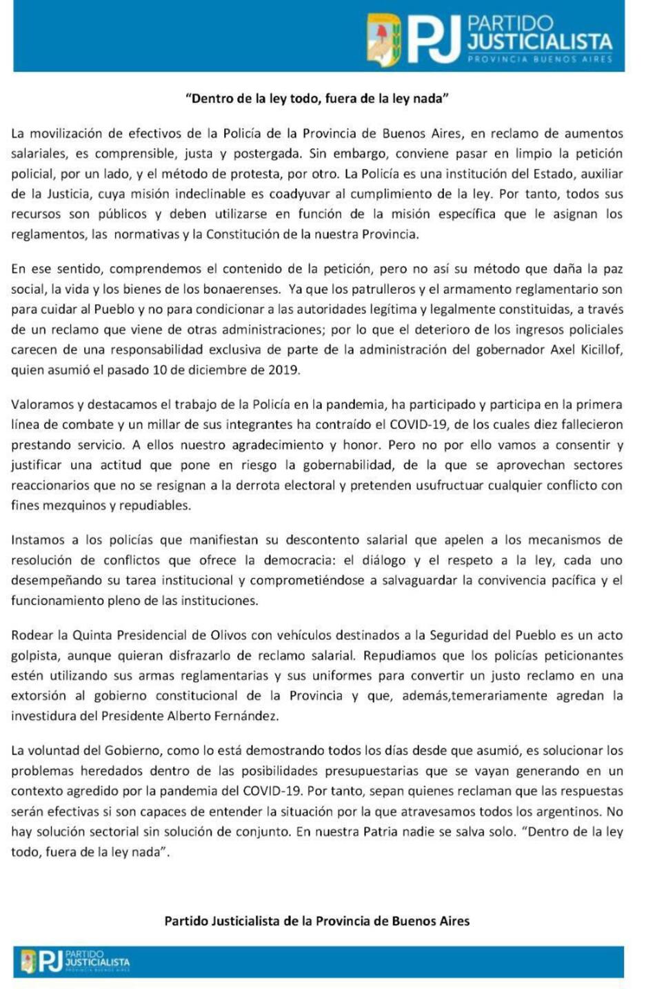 Comunicado del PJ sobre protestas de la Policía Bonaerense en la Quinta de Olivos