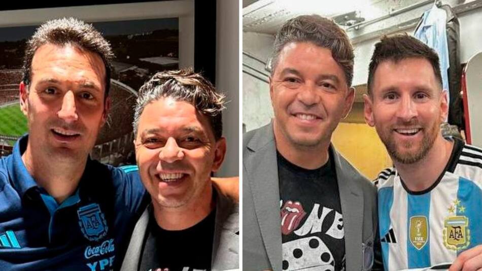 Marcelo Gallardo junto a Lionel Scaloni y Messi. Foto: Twitter @RiverPlate.