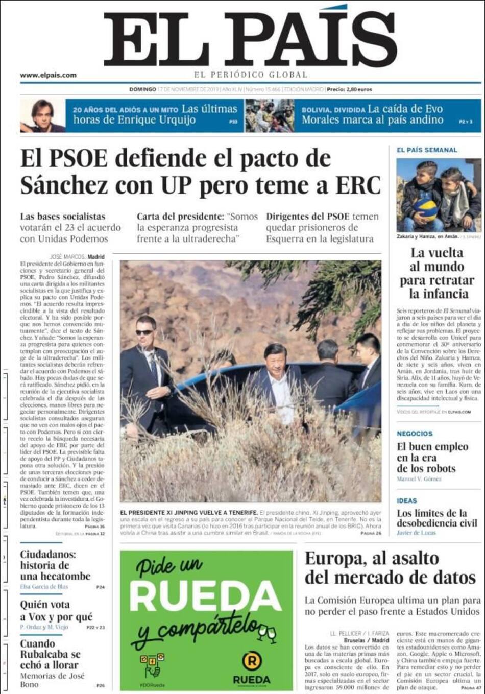 Tapas de diarios, El País, domingo 17 de noviembre de 2019