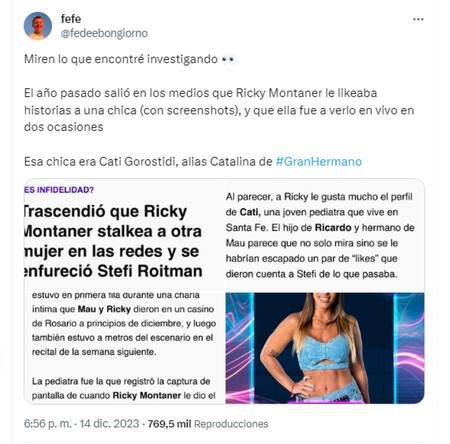 La publicación que recordó el escándalo que vinculó a Catalina de Gran Hermano con Ricky Montaner. Foto: captura Twitter.