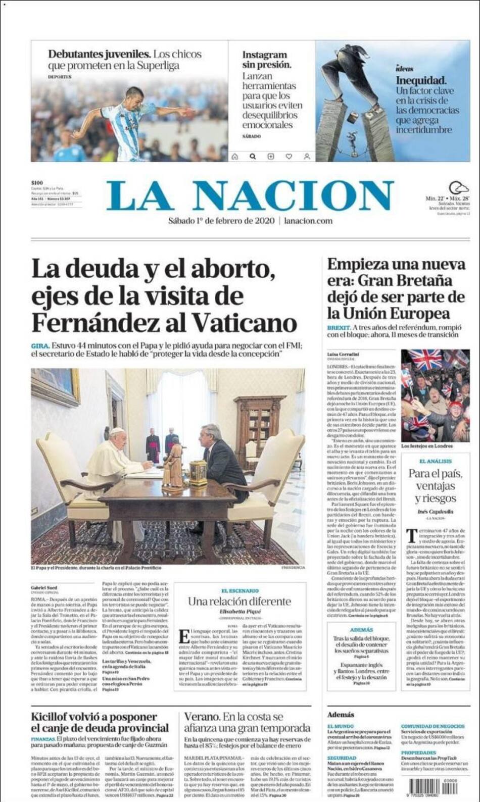 Tapas de diarios, La Nación, sábado 1 de febrero de 2020