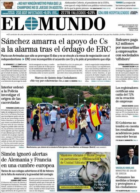 Tapas de diarios, El mundo, miércoles 20 de mayo de 2020