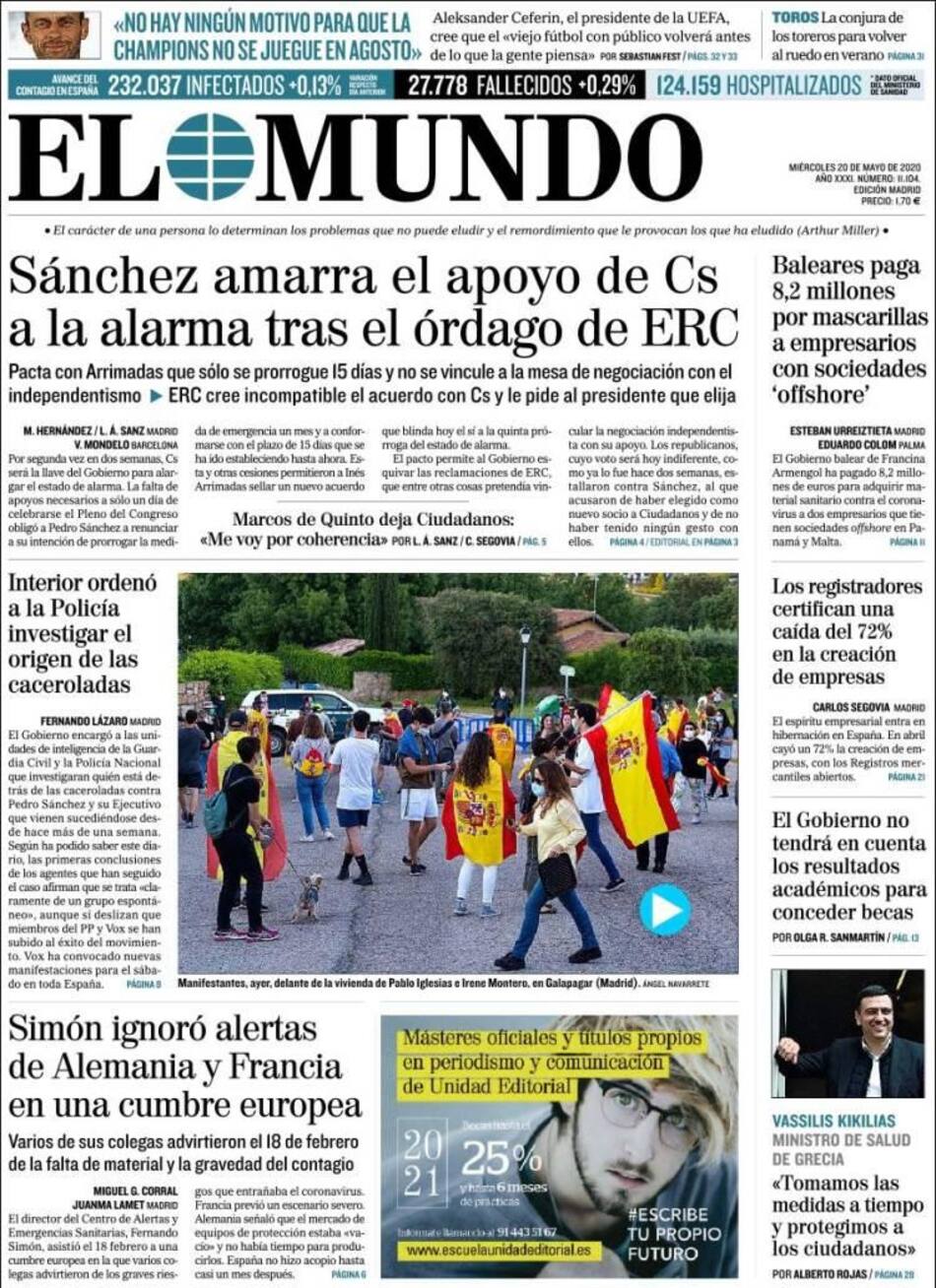 Tapas de diarios, El mundo, miércoles 20 de mayo de 2020
