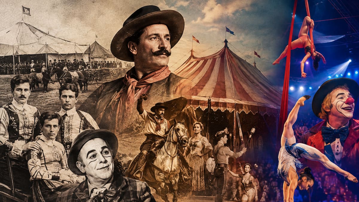 La imagen recrea la transformación del circo en Argentina: desde los primeros espectáculos de raíz europea y la tradición gauchesca del circo criollo hasta las grandes producciones y disciplinas que mantienen viva esta expresión cultural más de dos siglos después.